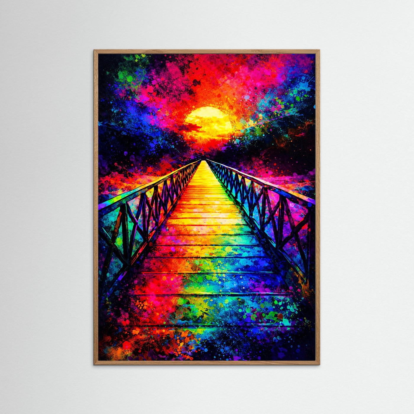 Leinwandbild abstrakte Brücke mit Regenbogenstufen und goldener Sonne, heller Holzmrahmen