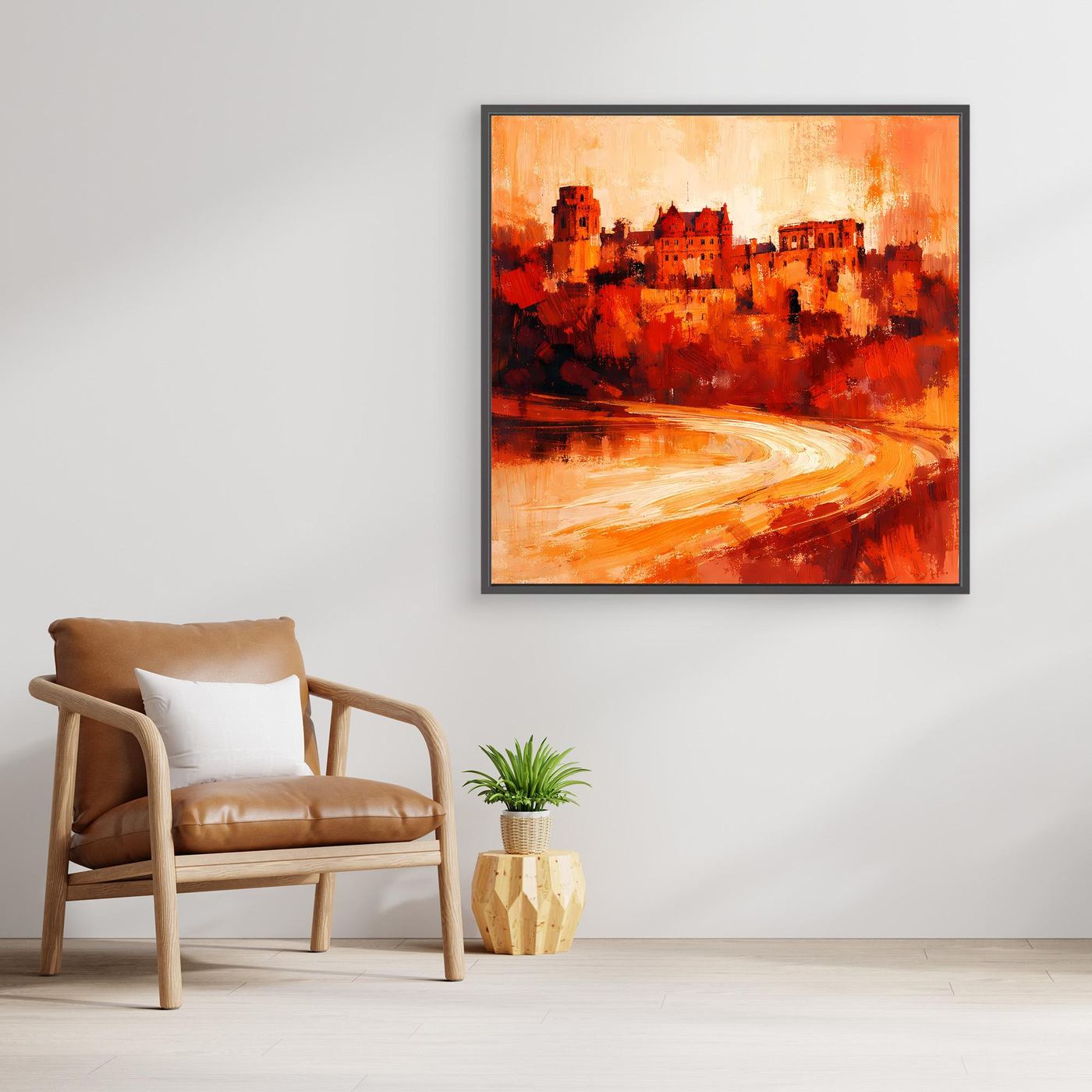 Leinwand Heidelberger Schloss im Abendlicht | Abstraktes Rot‑Ocker Wandbild mit Struktur und Tiefe