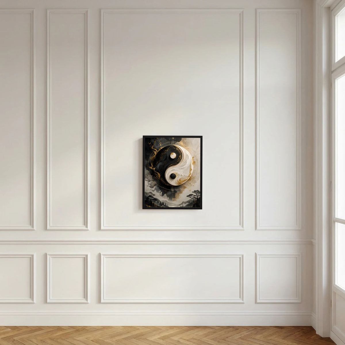 Gerahmtes Yin-Yang-Poster in Schwarz und Gold, mit feiner Landschaftsdarstellung