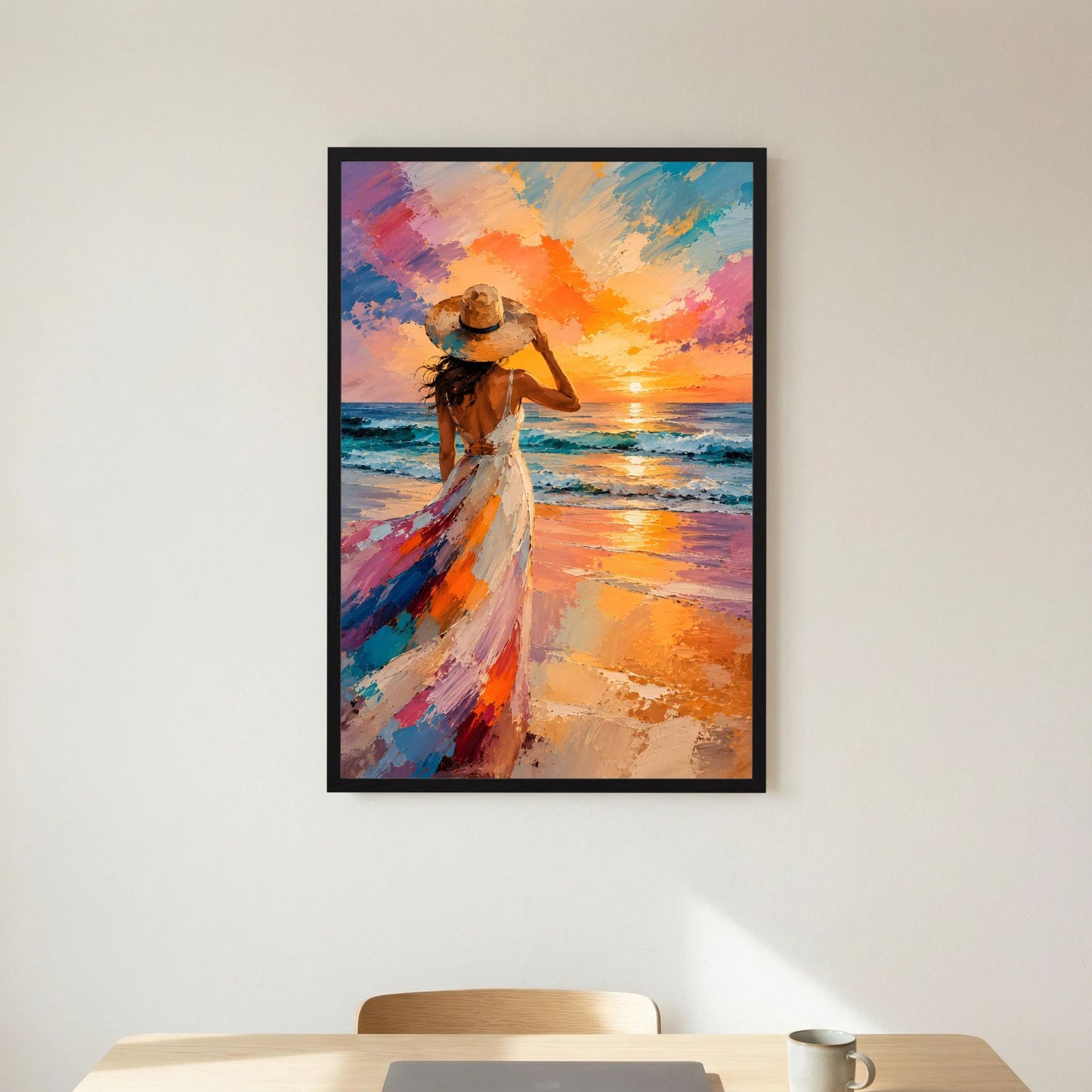 Poster mit Frau am Strand im wehenden bunten Kleid vor orangefarbenem Sonnenuntergang, schwarzer Rahmen