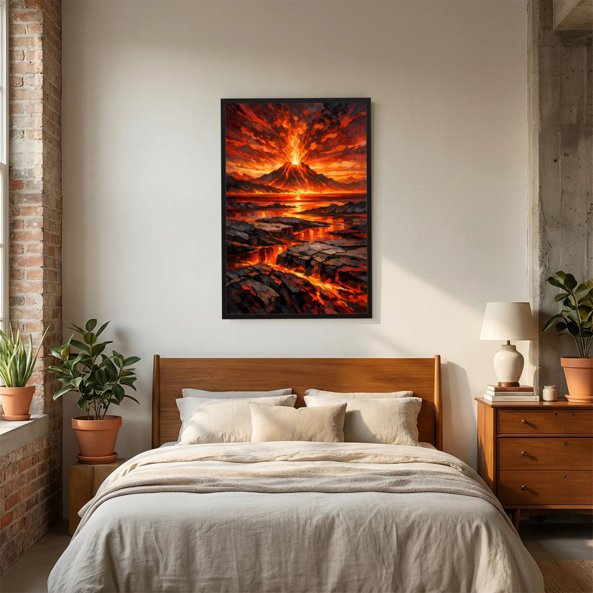 Hochformat-Poster mit schwarzem Rahmen: Vulkanausbruch mit glühender Lava und Feuerwolken