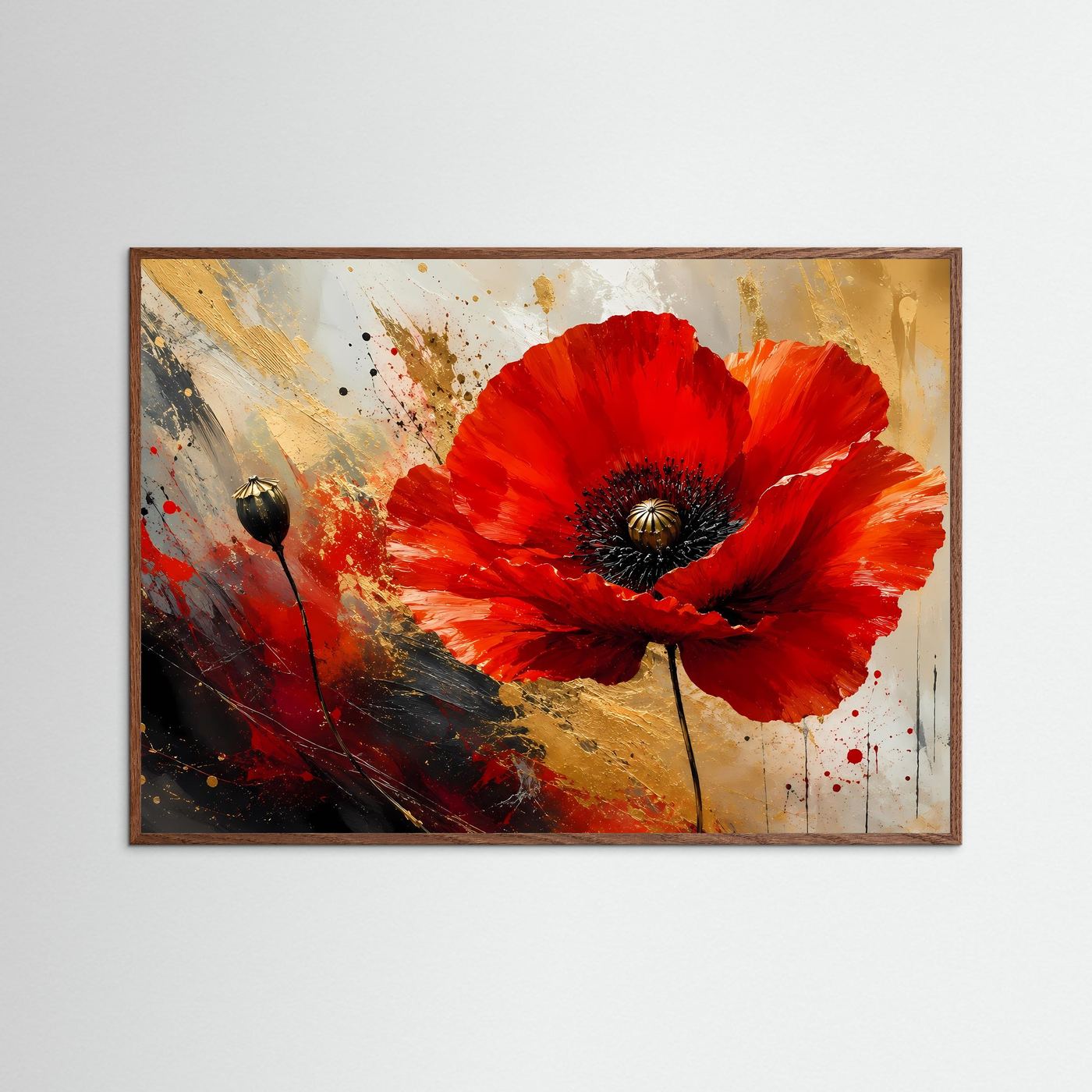 Roter Mohn in Gold & Schwarz | Abstrakte Mohnblume Wandkunst
