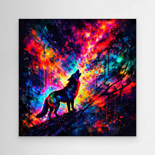 Leinwandbild: heulender Wolf-Silhouette, buntes abstraktes Farbenmeer, schwarzer Rahmen