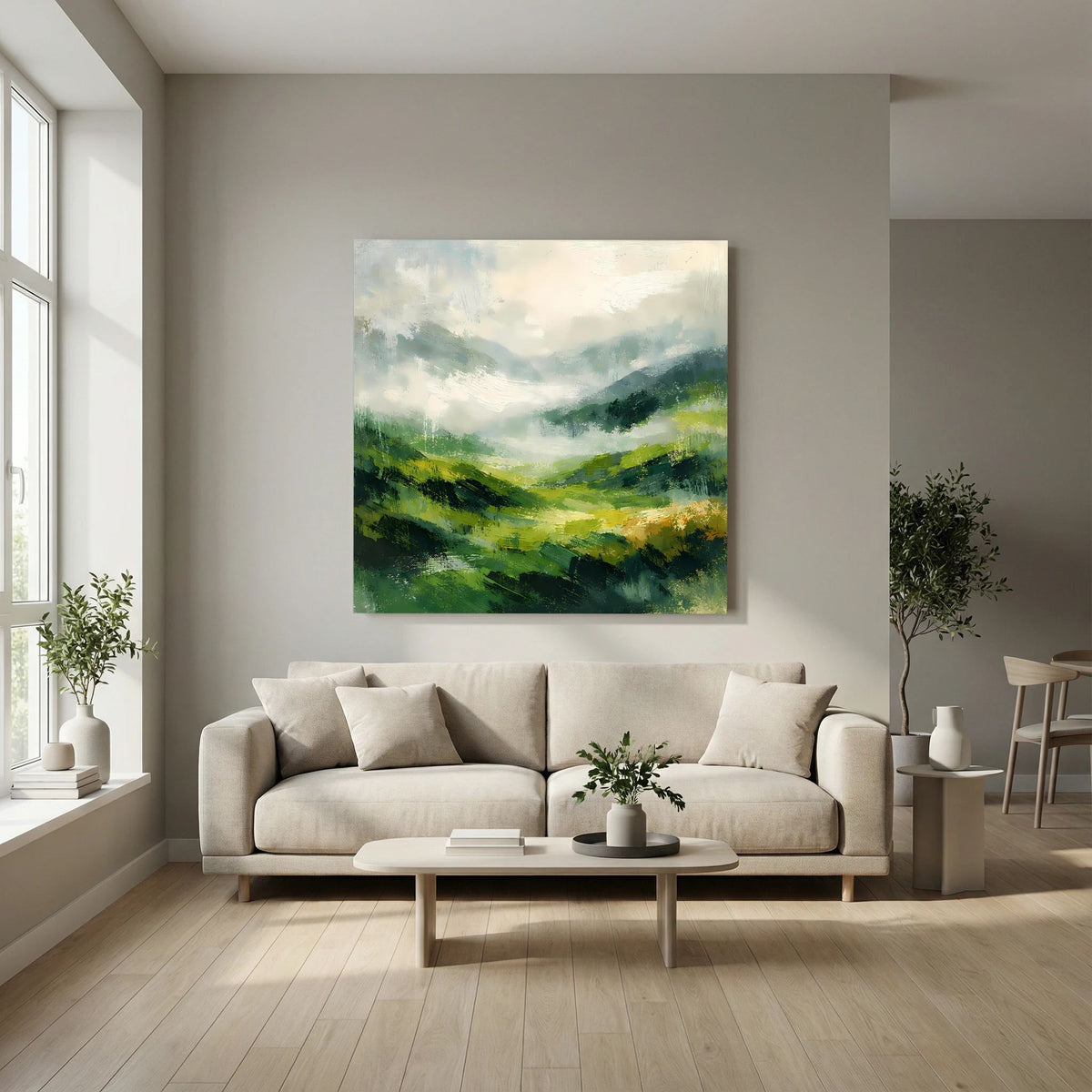 Leinwand Abstraktes Hügellandschaft Gemälde | Modernes Grünes Tal Wandbild Natur