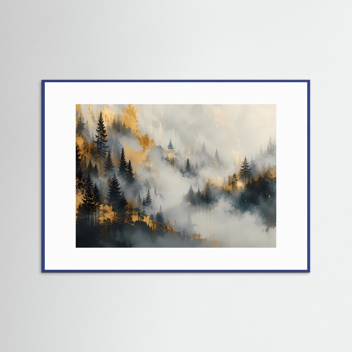 Nebelwald Poster | Mystischer Wald mit Gold | Abstrakte Landschaft Wandkunst | Elegantes Modernes Natur Wandbild
