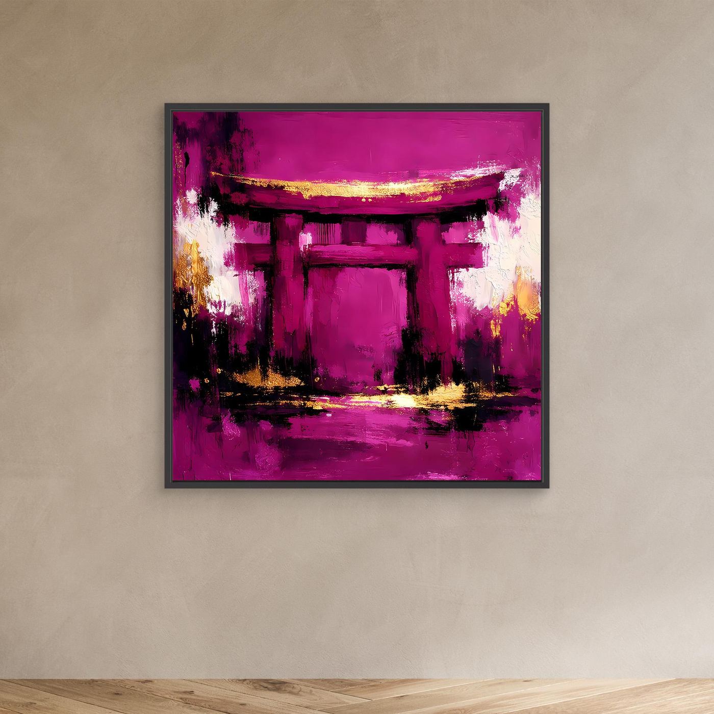 Leinwand Mystisches Torii-Tor in Magenta | Abstraktes Japan Wandbild Moderne Kunst