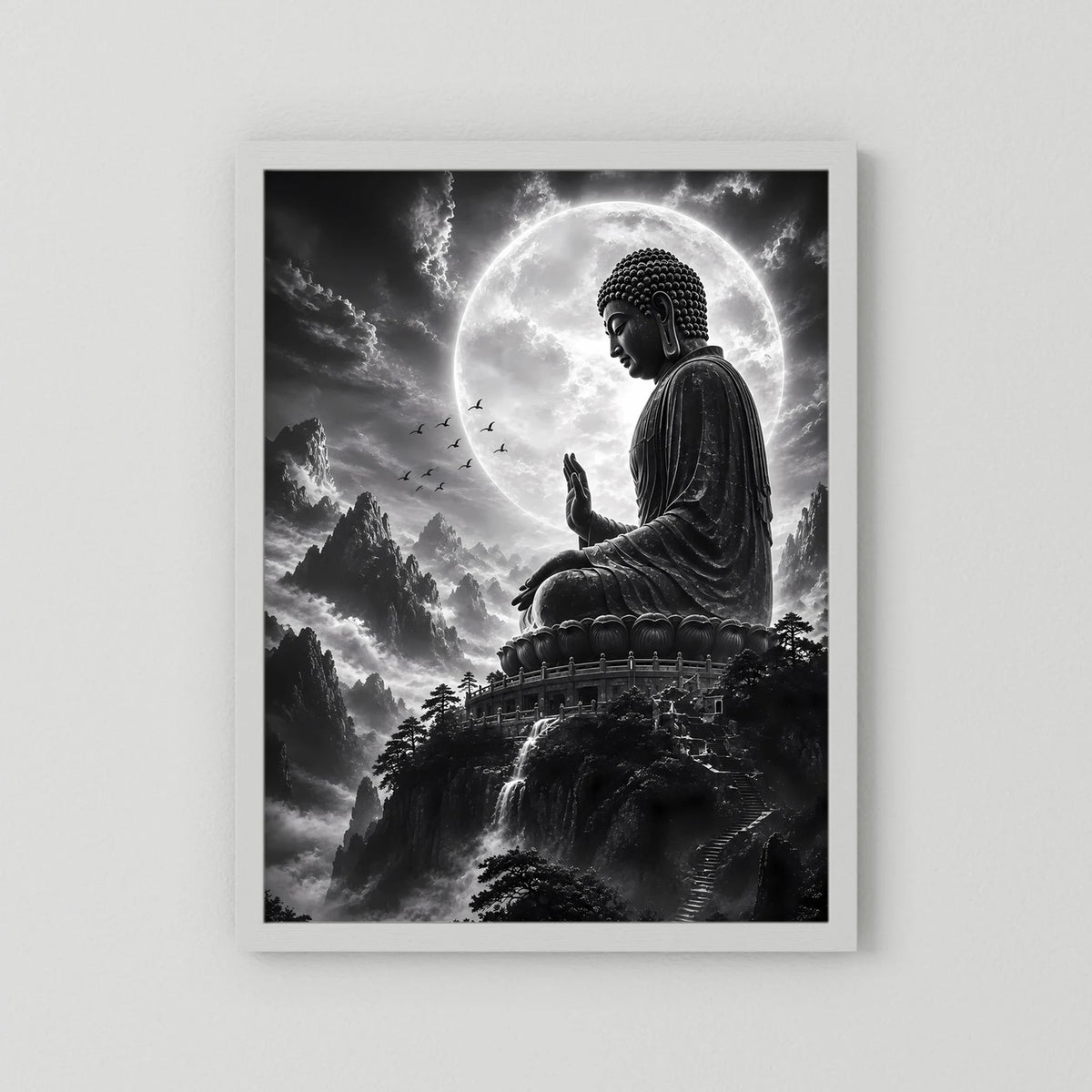 Hochformat-Poster mit Buddha auf Felsvorsprung, Mondring und Berge, im weißen Passepartout
