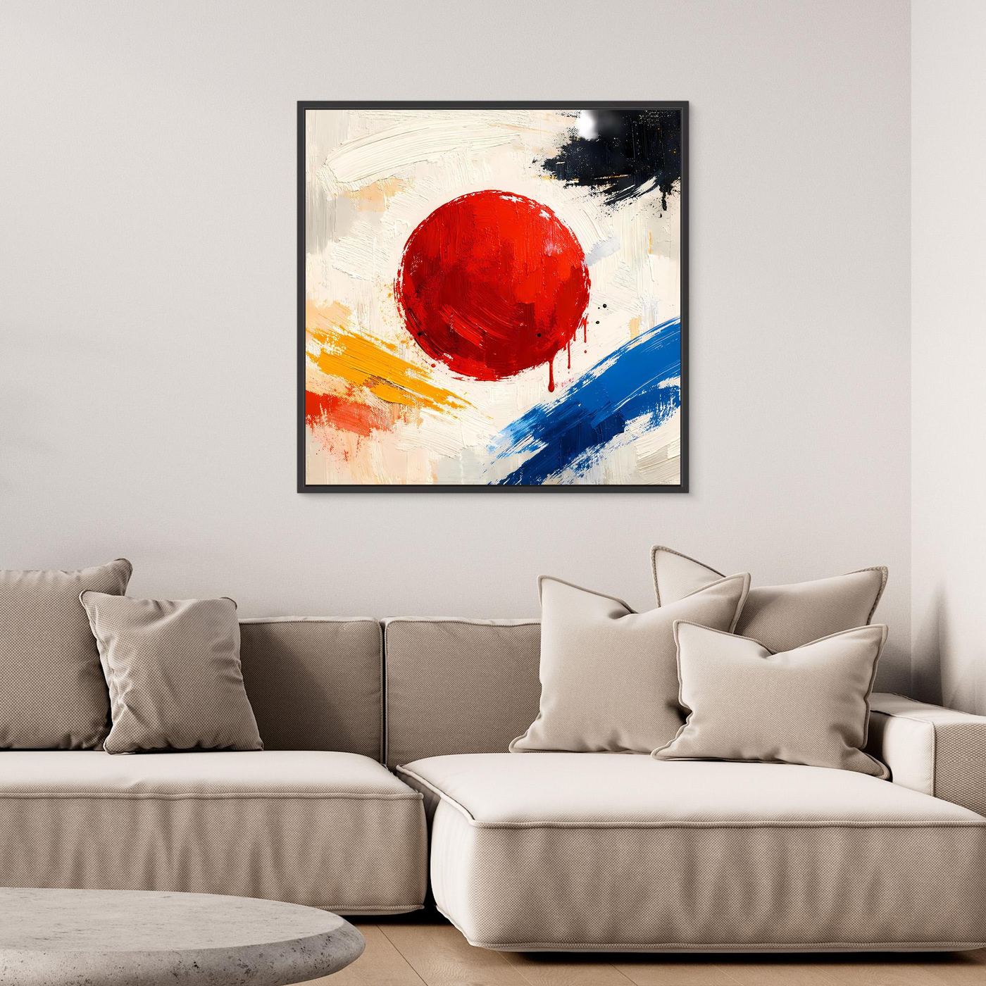Framed abstract canvas wall art featuring a red circular sun with blue diagonal strokes.