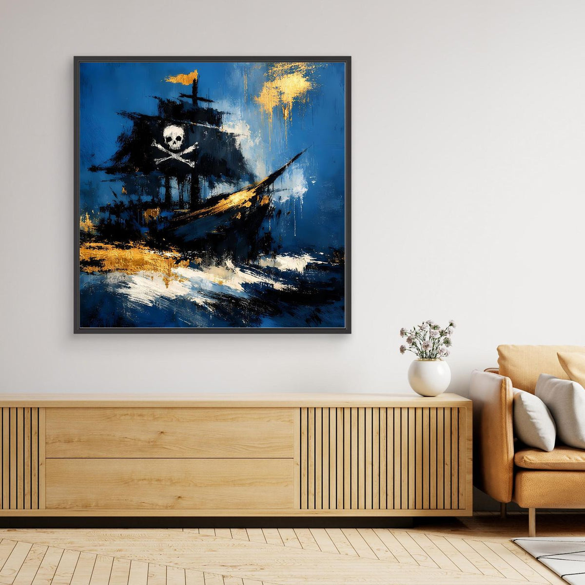 Gerahmtes Wandbild mit dunklem Rahmen: Piratenschiff mit Totenkopf, blau und gold