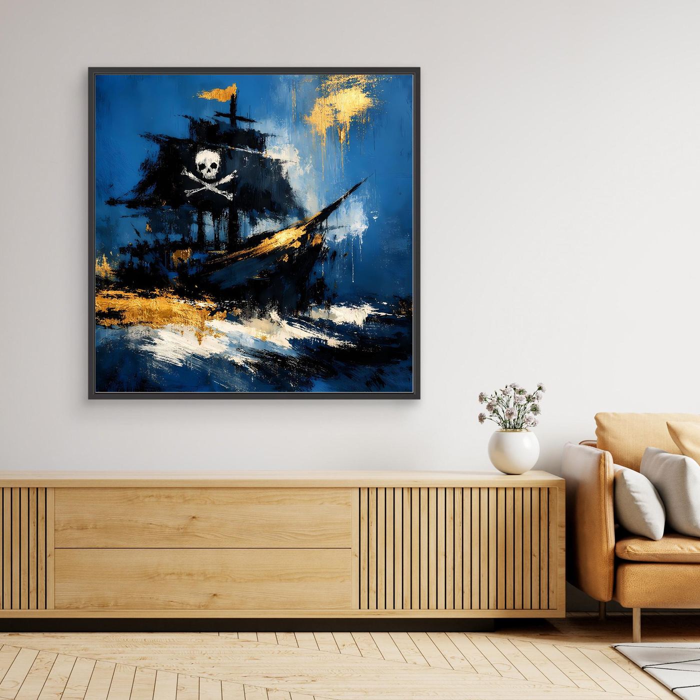 Gerahmtes Wandbild mit dunklem Rahmen: Piratenschiff mit Totenkopf, blau und gold