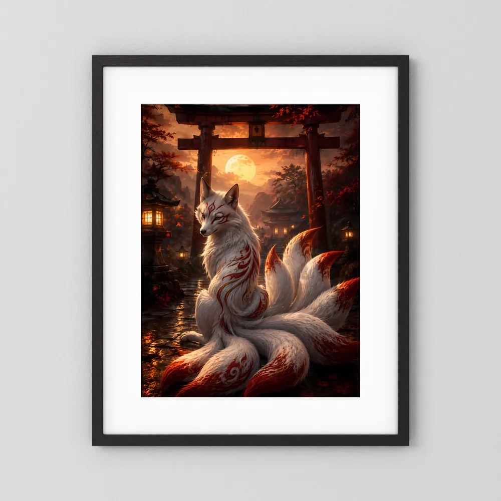 Poster im schwarzen Rahmen mit weißem Rand: Kitsune-Fuchs mit neun Schweifen