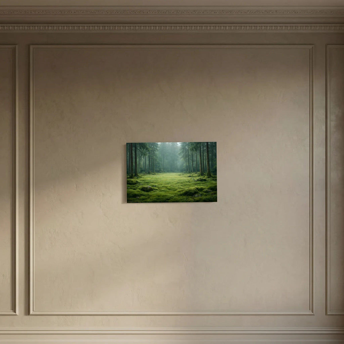 Wandbild im Querformat: Nebelwald mit moosiger Lichtung und hohen Baumstämmen.