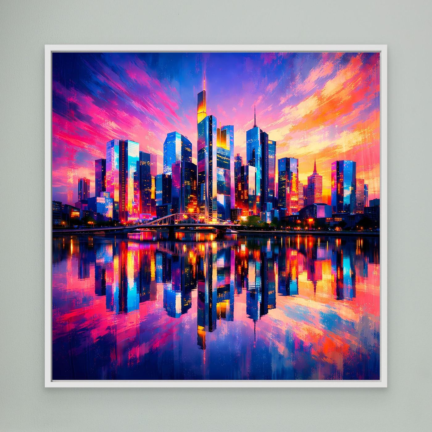 Leinwand Farbenfrohe Frankfurt Skyline bei Sonnenuntergang | Modernes Wandbild