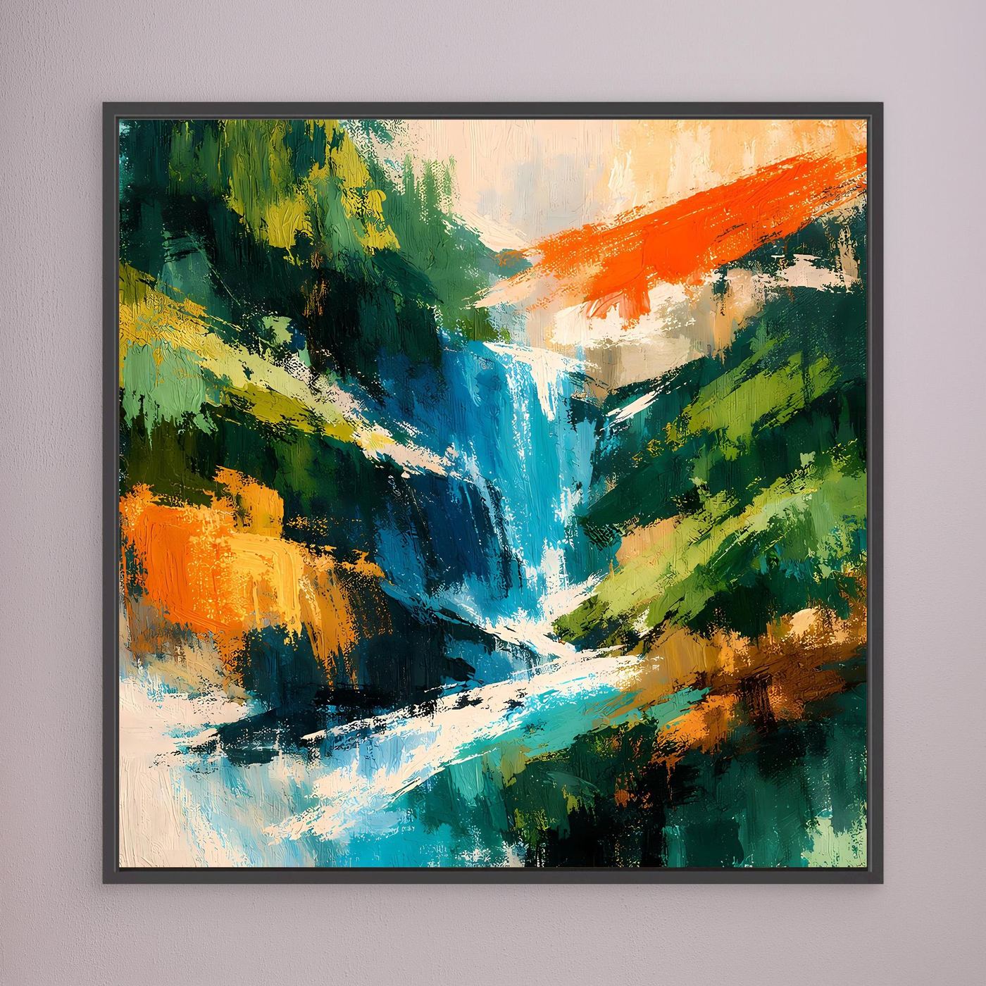 Quadratisches abstraktes Leinwand-Wandbild mit Wasserfall, farbige Pinselstruktur, schwarzer Rahmen
