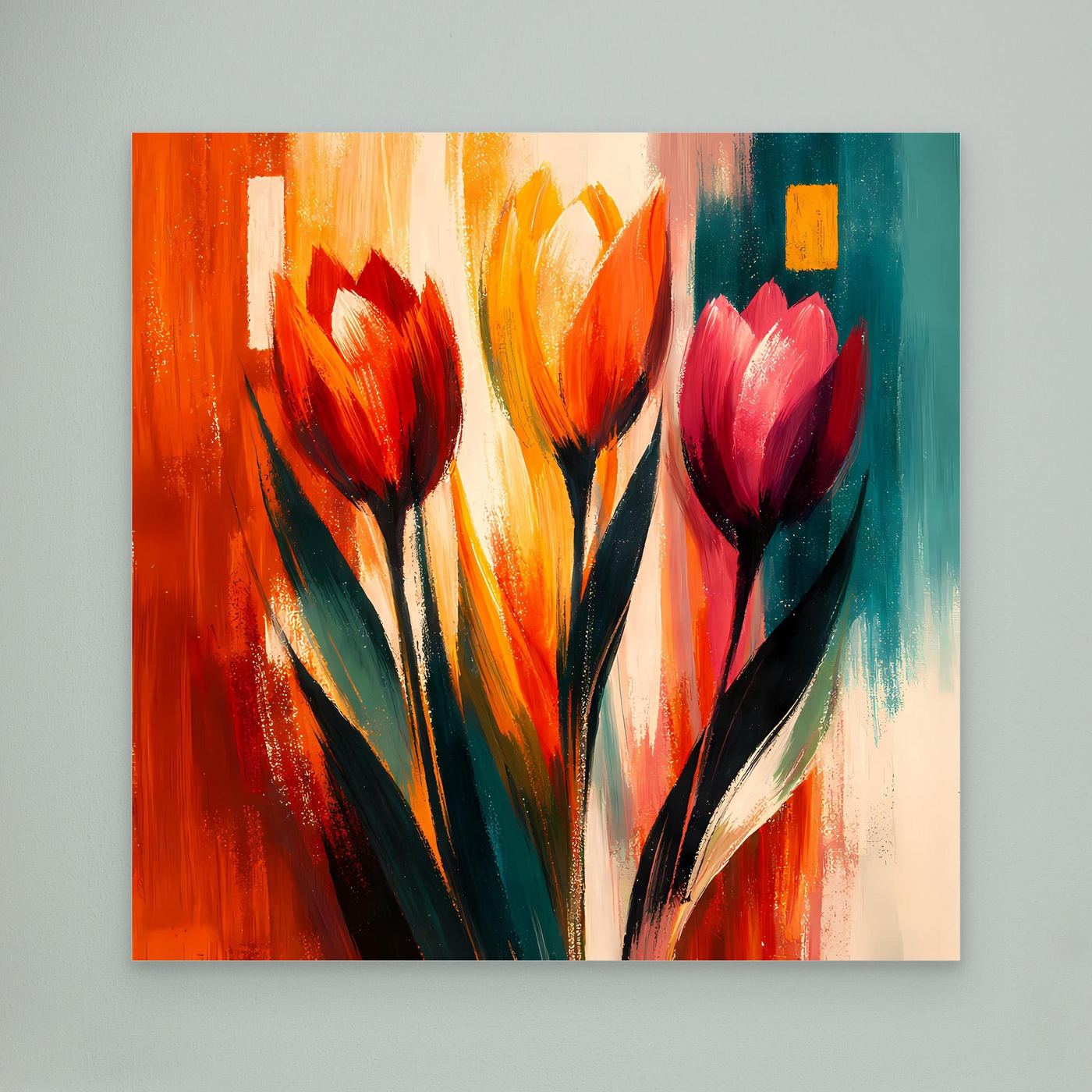 Leinwandbild mit abstrakten Tulpen, bunte Pinselstriche ohne sichtbaren Rahmen