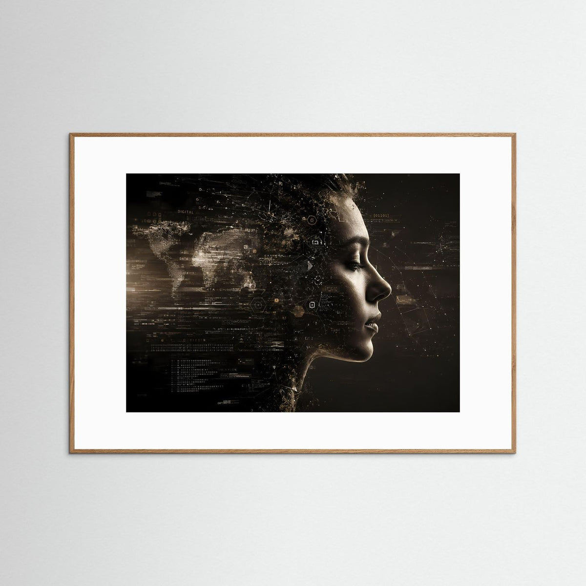 Querformat-Poster mit Frauenprofil und Datenwelt in Schwarz-Goldtönen, heller Holzrahmen