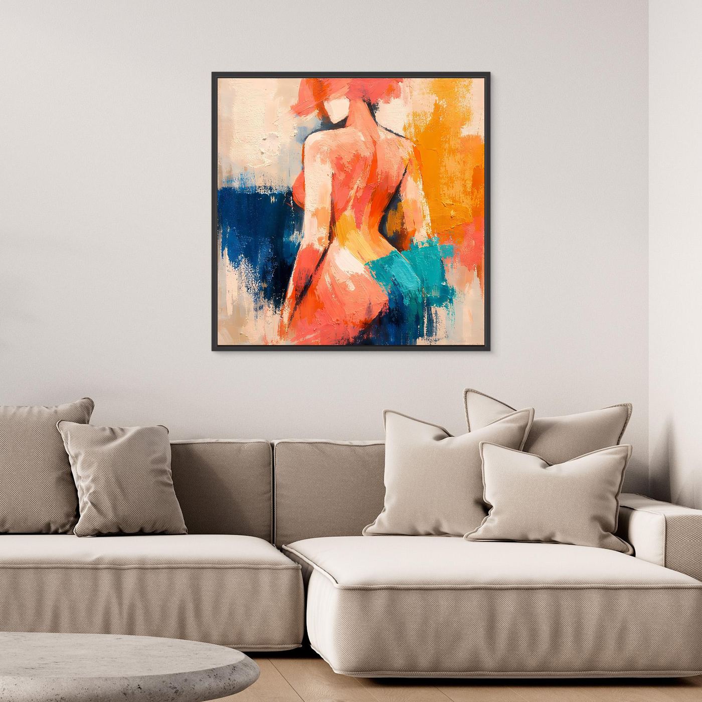 Canvas wall art print of abstract female back silhouette, black frame, multicolor paint