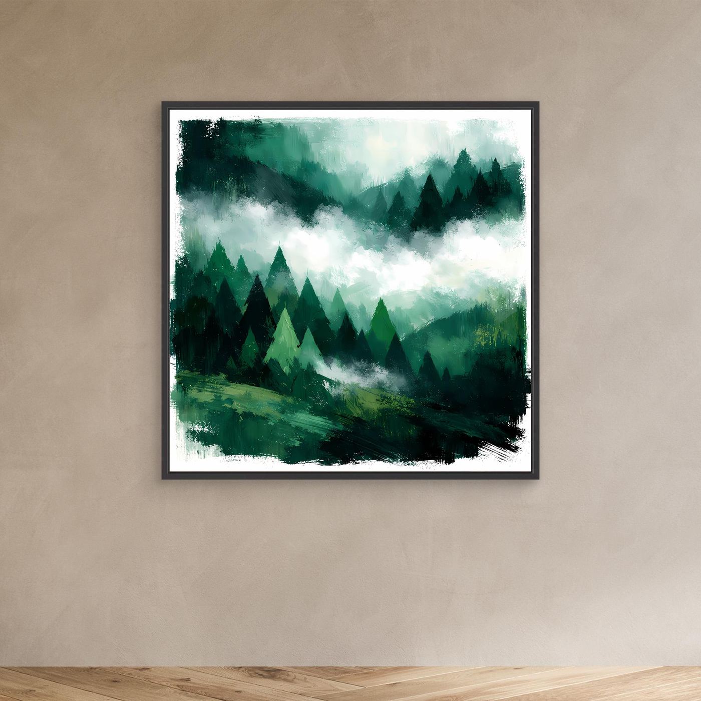Leinwand Magischer Nebelwald in den Bergen | Abstraktes Tannenwald Wandbild
