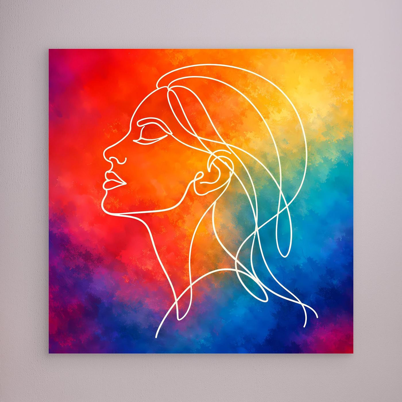 Leinwandbild mit abstraktem Frauenprofil in Regenbogenfarben, ohne sichtbaren Rahmen