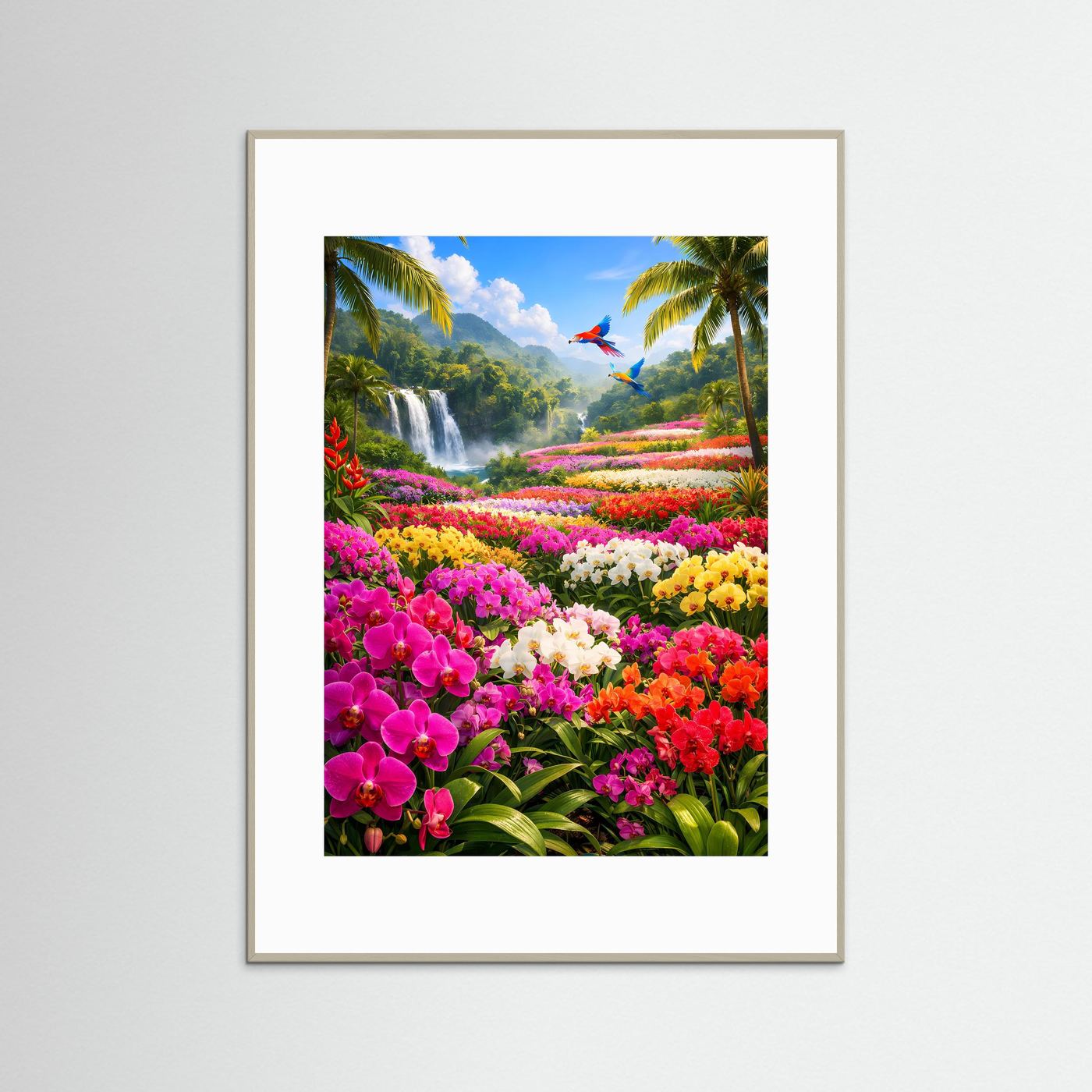 Orchideen-Tal Poster: Wasserfall, Palmen und bunte Blumen, im grauen Rahmen