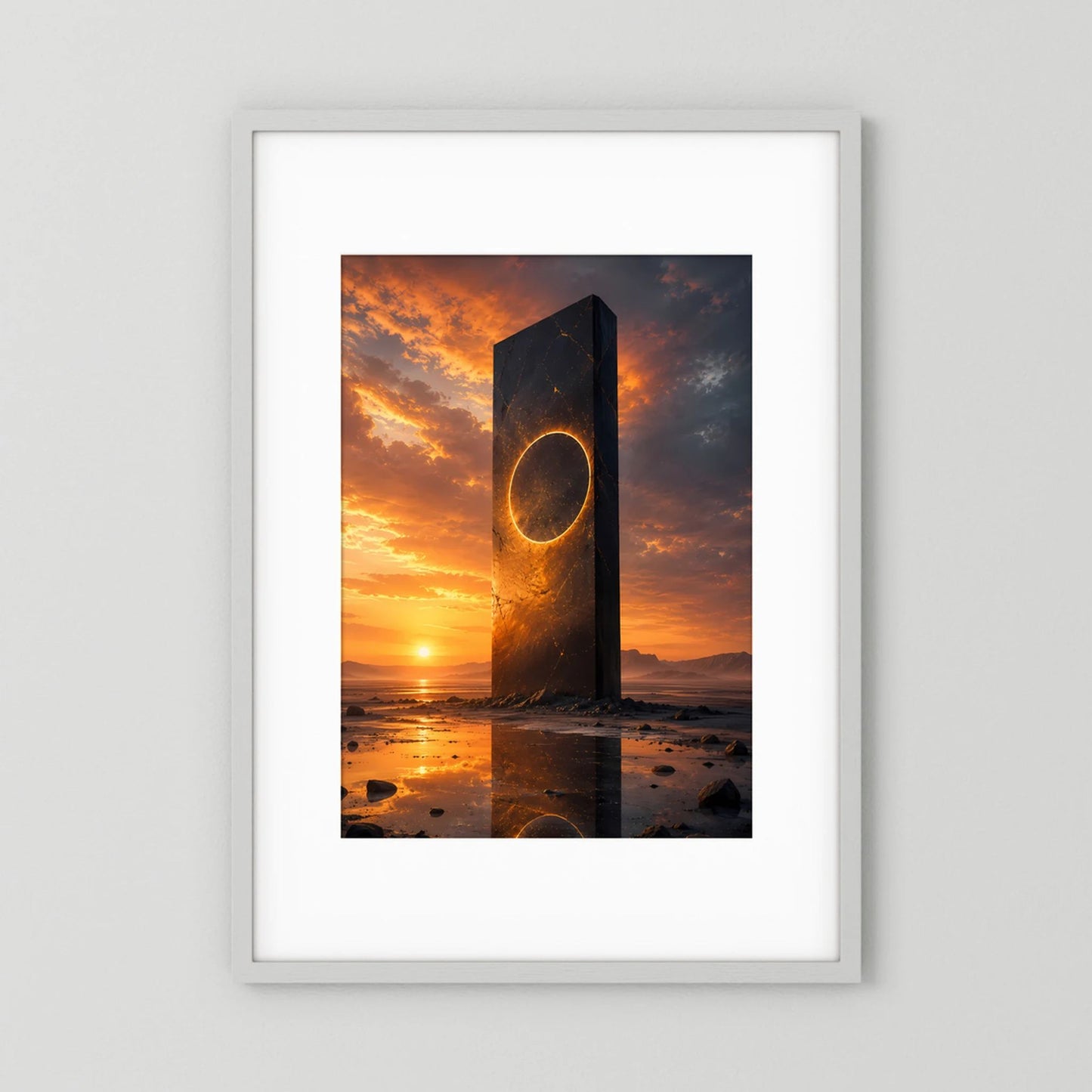 Hochformatiges Poster mit schwarzem Monolith-Portal, goldener Öffnung und Sonnenuntergang am Meer