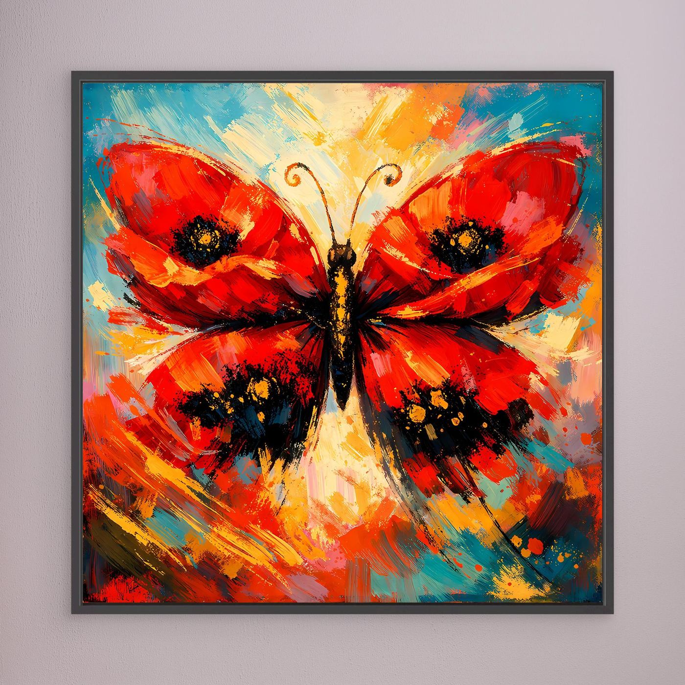 Quadratisches Leinwandbild Schmetterling, auffällige Farbspritzer, schwarzer Rahmen.