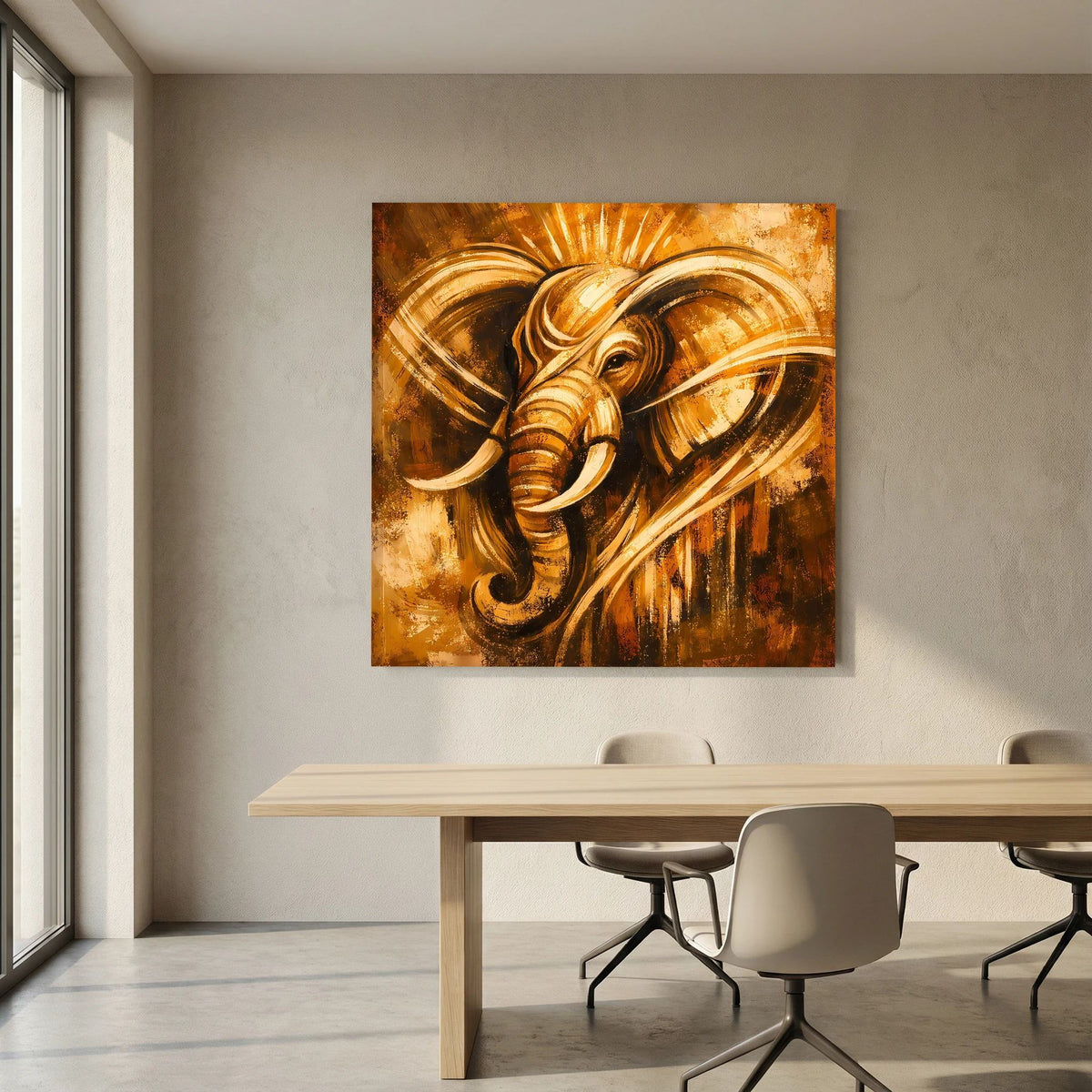 Abstraktes Leinwand-Wandbild: Elefantenkopf im Ganesha-Stil, goldbraune Spritzer und Linien