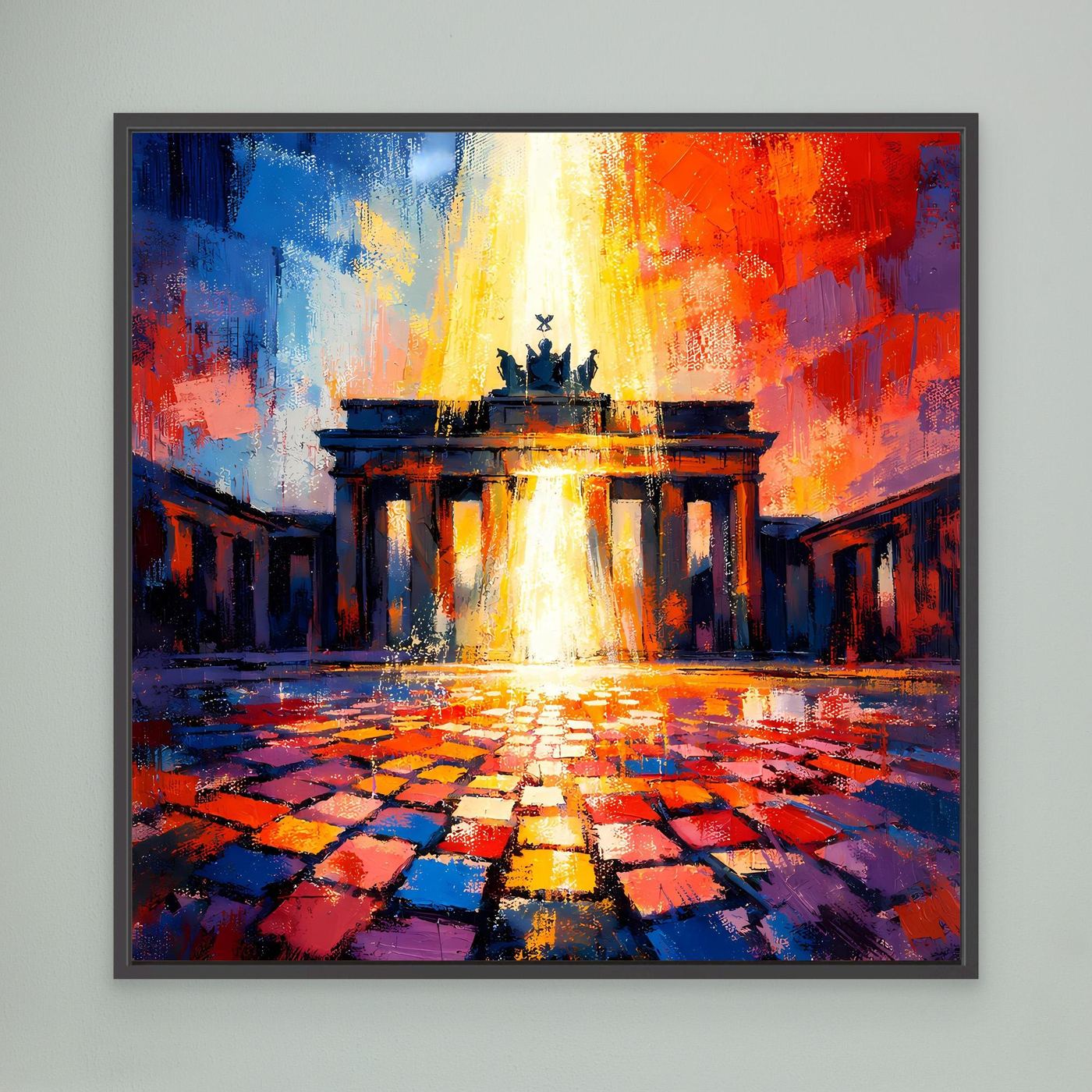 Wandbild mit abstraktem Brandenburger Tor, schwarzer Rahmen, leuchtender Mittelbereich in Blau und Rot