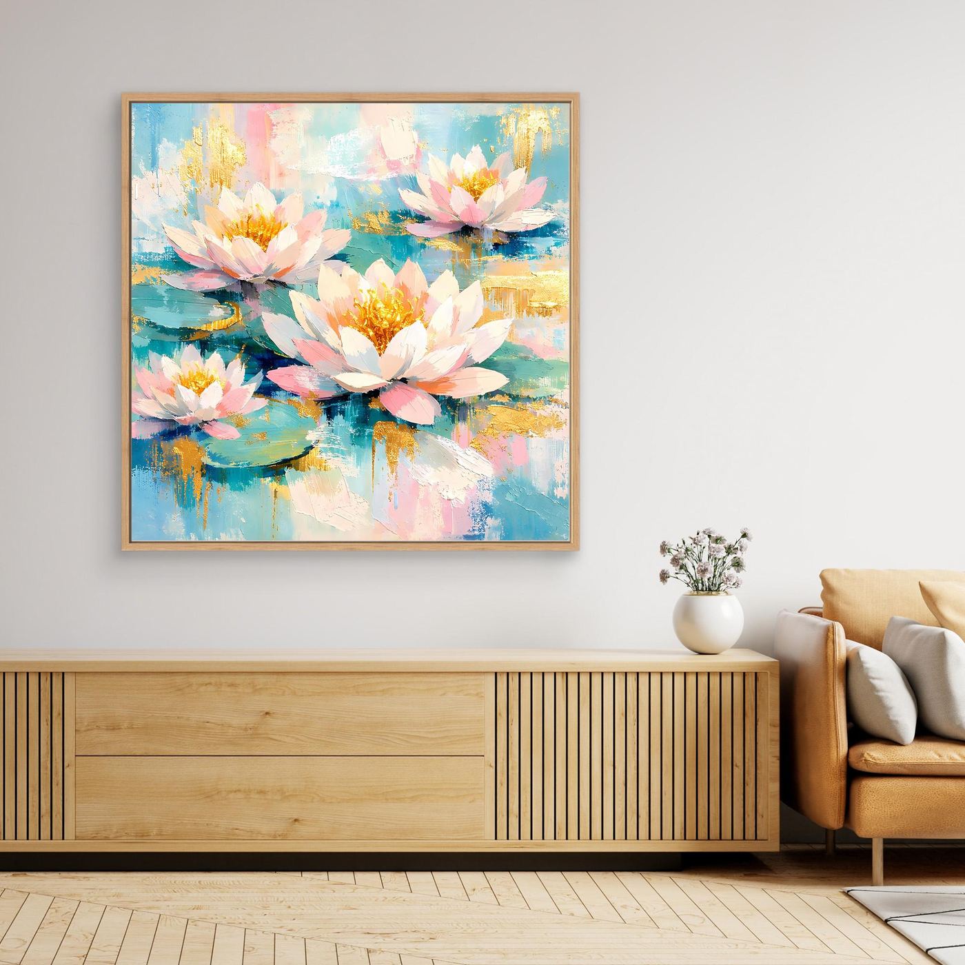 Leinwandbild mit Seerosenblüten in Pastellfarben mit braunem Rahmen