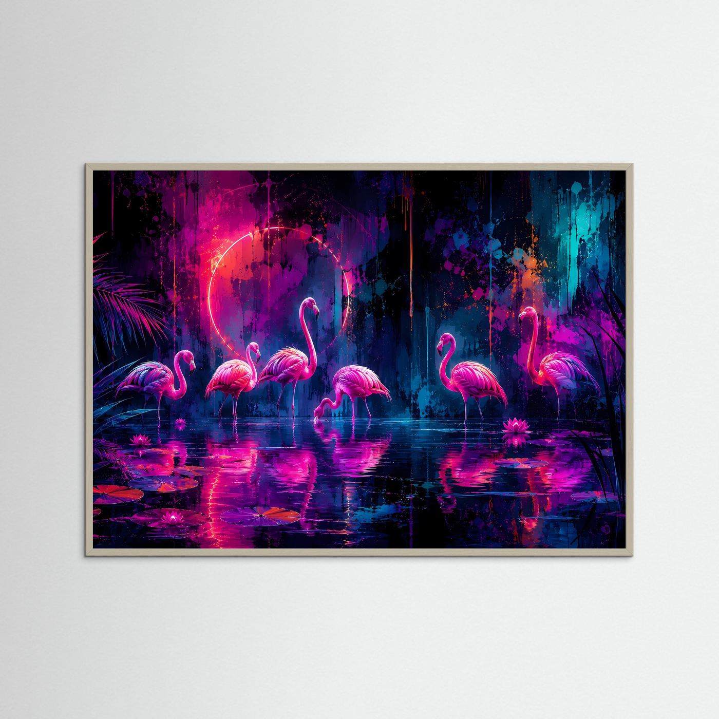 Neon Flamingos Poster | Magische Tropische Nacht in Pink Blau Fantasy Wandbild Querformat