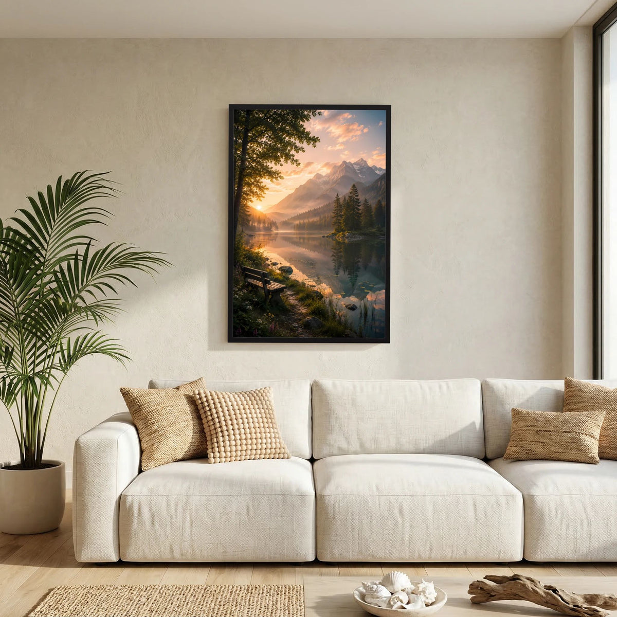 Bergsee im Sonnenuntergang | Ruhige Alpenlandschaft mit Sitzbank | Poster Hochformat