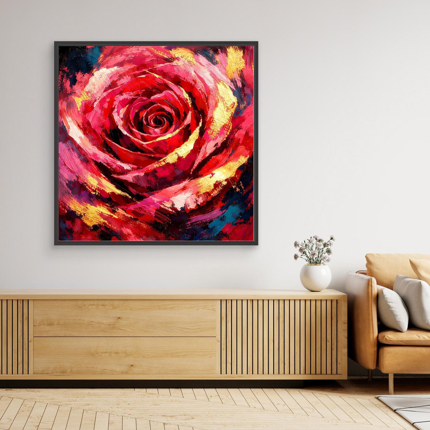 Gerahmtes Leinwandbild mit abstrakter roter Rose, rechteckig, schwarzer Rahmen