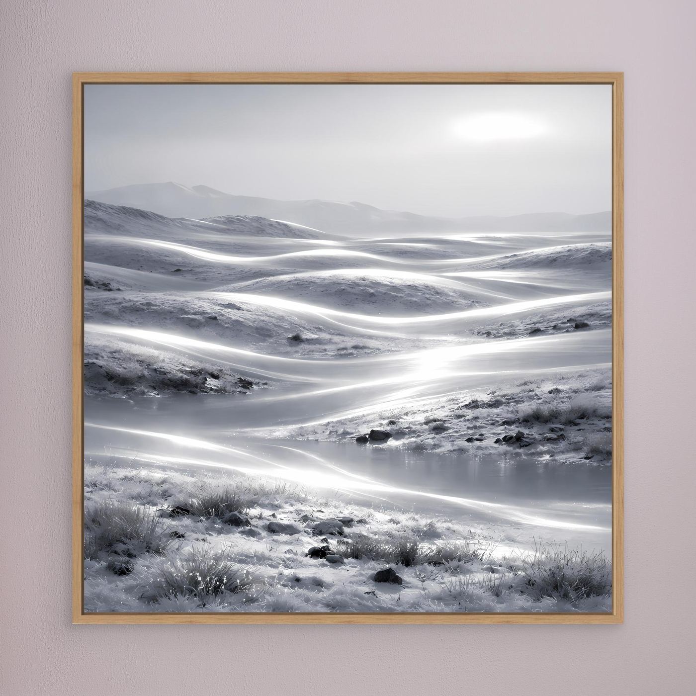 Leinwandbild Winterlandschaft mit Holzrahmen, schneebedeckte Hügel und helle Lichtbahnen