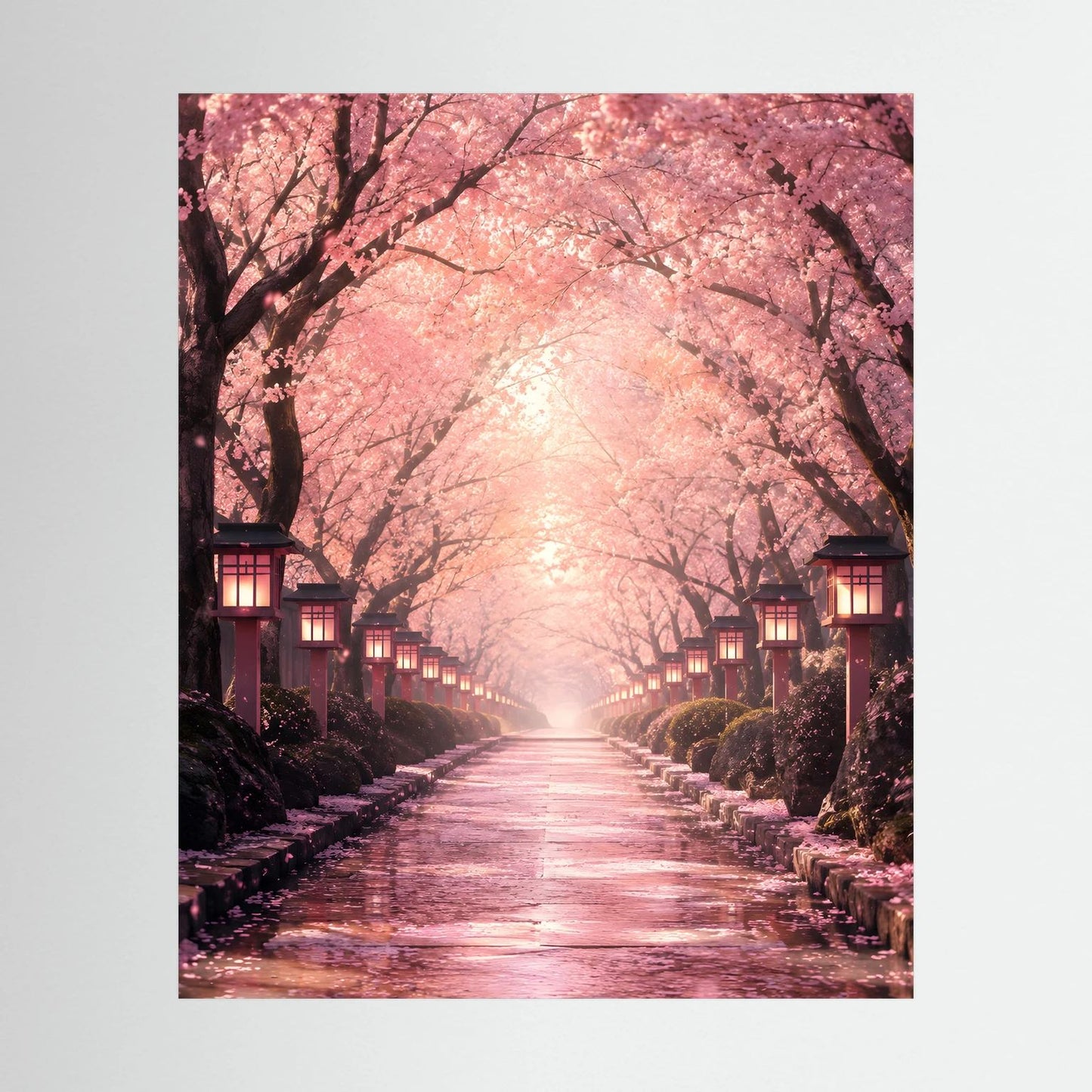 Wandposter, hochkant: Kirschblütenallee in Rosa mit Laternen und beleuchtetem Weg