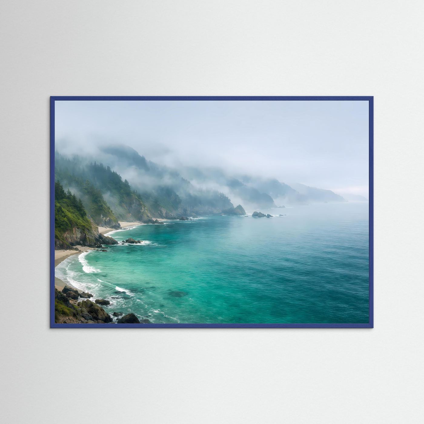 Naturposter mit türkisem Meer und Klippenküste, blauer Holzrahmen