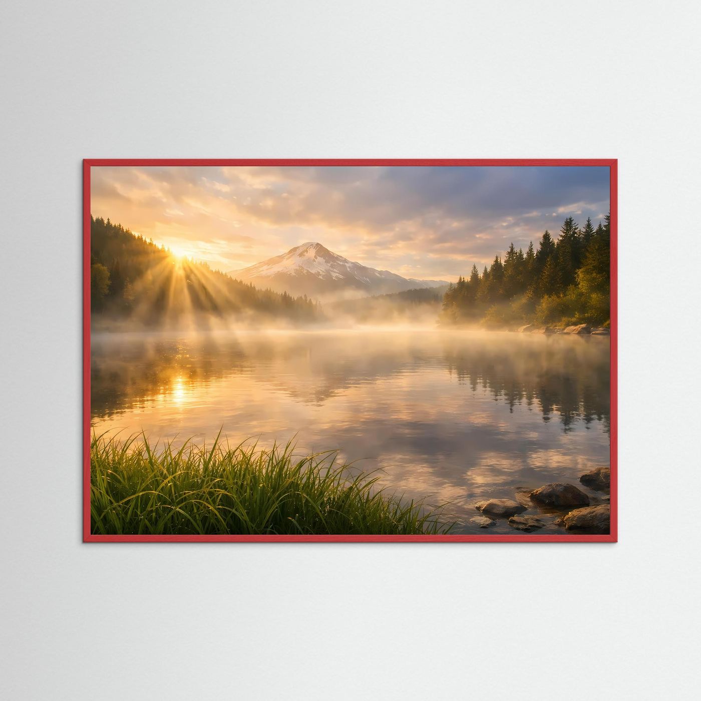 Wandposter mit Landschaftsmotiv: See, Berge und Sonnenaufgang, roter Rahmen