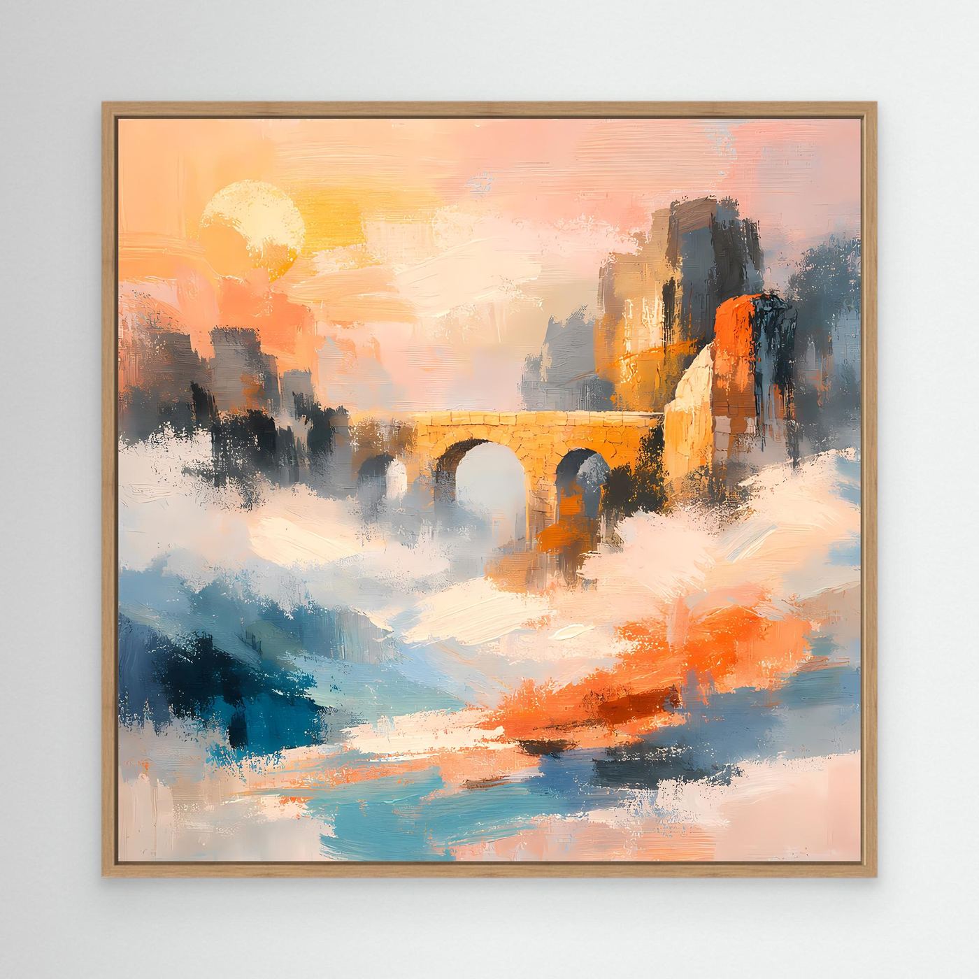 Premium Leinwand Historische Steinbrücke im Nebel | Abstraktes Aquädukt Wandbild im Sonnenaufgang