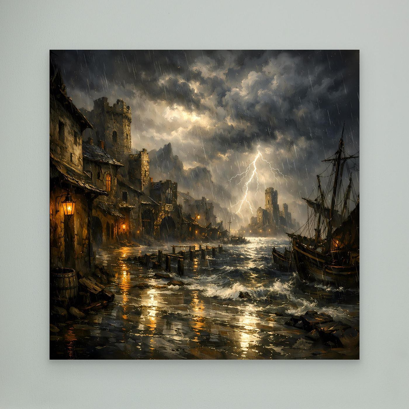 Hafen-Leinwandbild mit Gewitterblitz über dem Hafen, Segelboote, nasses Ufer, ohne sichtbaren Rahmen