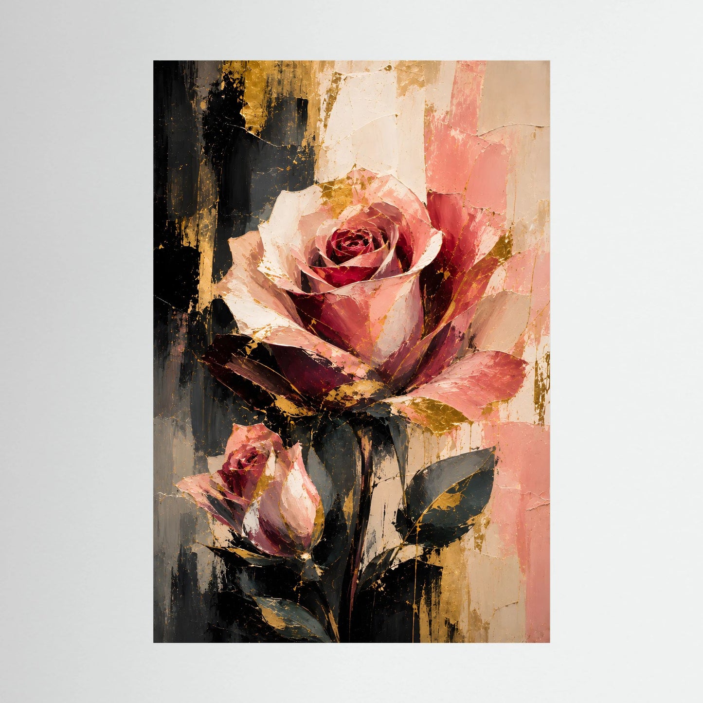 Abstraktes Rosenblumen-Poster in Rosé, Gold und dunklen Akzenten, Hochformat