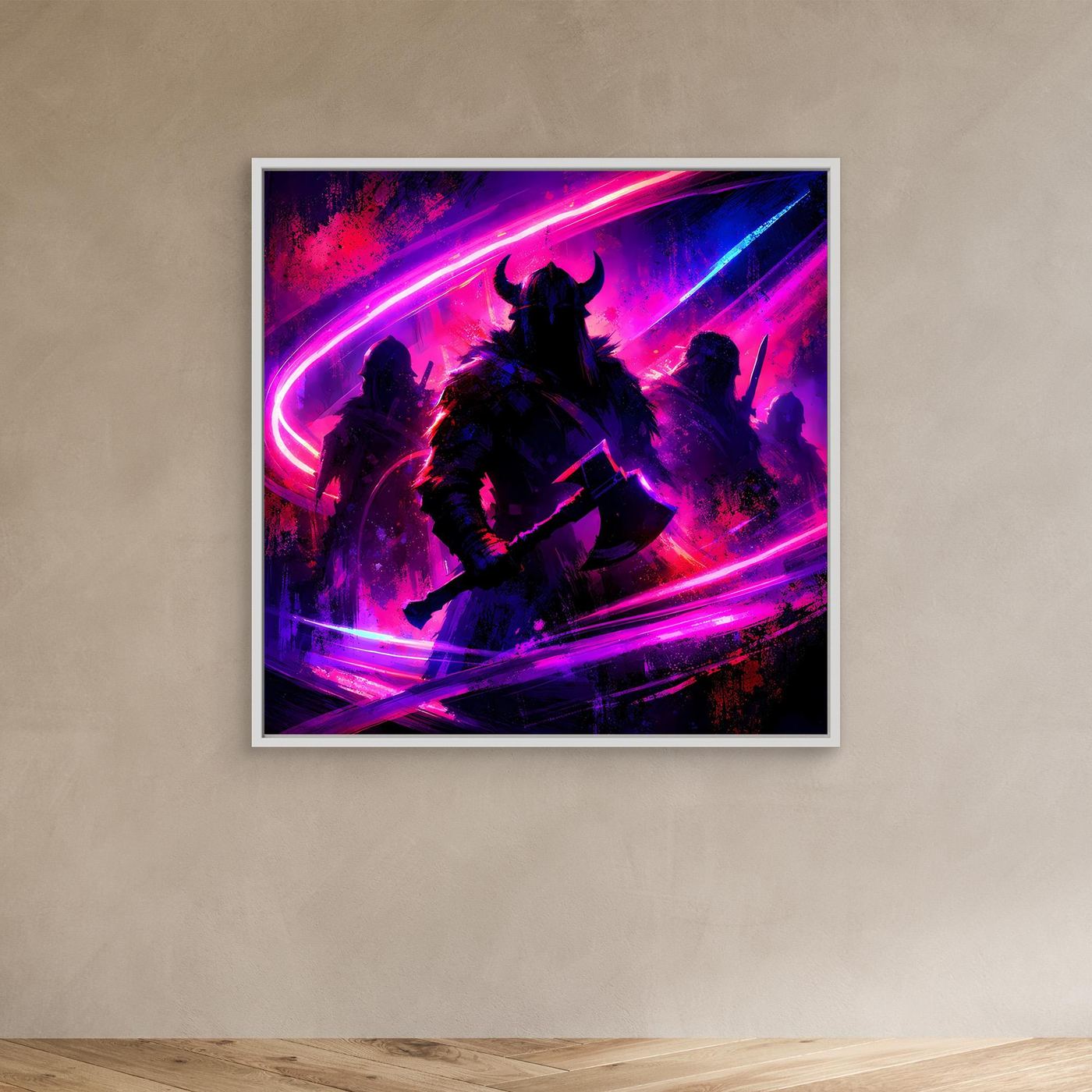 Neon-Wandbild mit Wikingerkriegern in Pink/Lila/Blau, abstrakte Silhouetten, weißer Rahmen