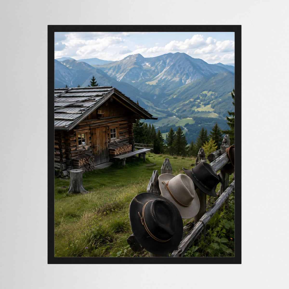 Gerahmtes Hochformat-Landschaftsposter mit Berghütte, Bergpanorama und Hüten, schwarzer Rahmen