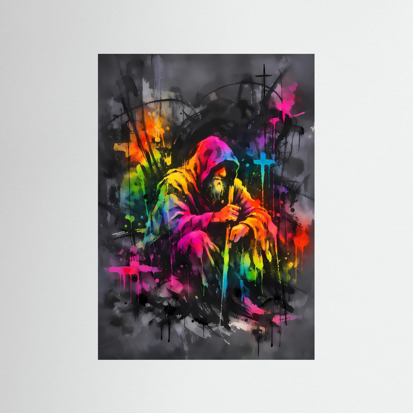 The Neon Hermit | Luxuriöses Mystik Poster Bunt & Dunkel | Abstraktes Magier Kunstposter Hochformat