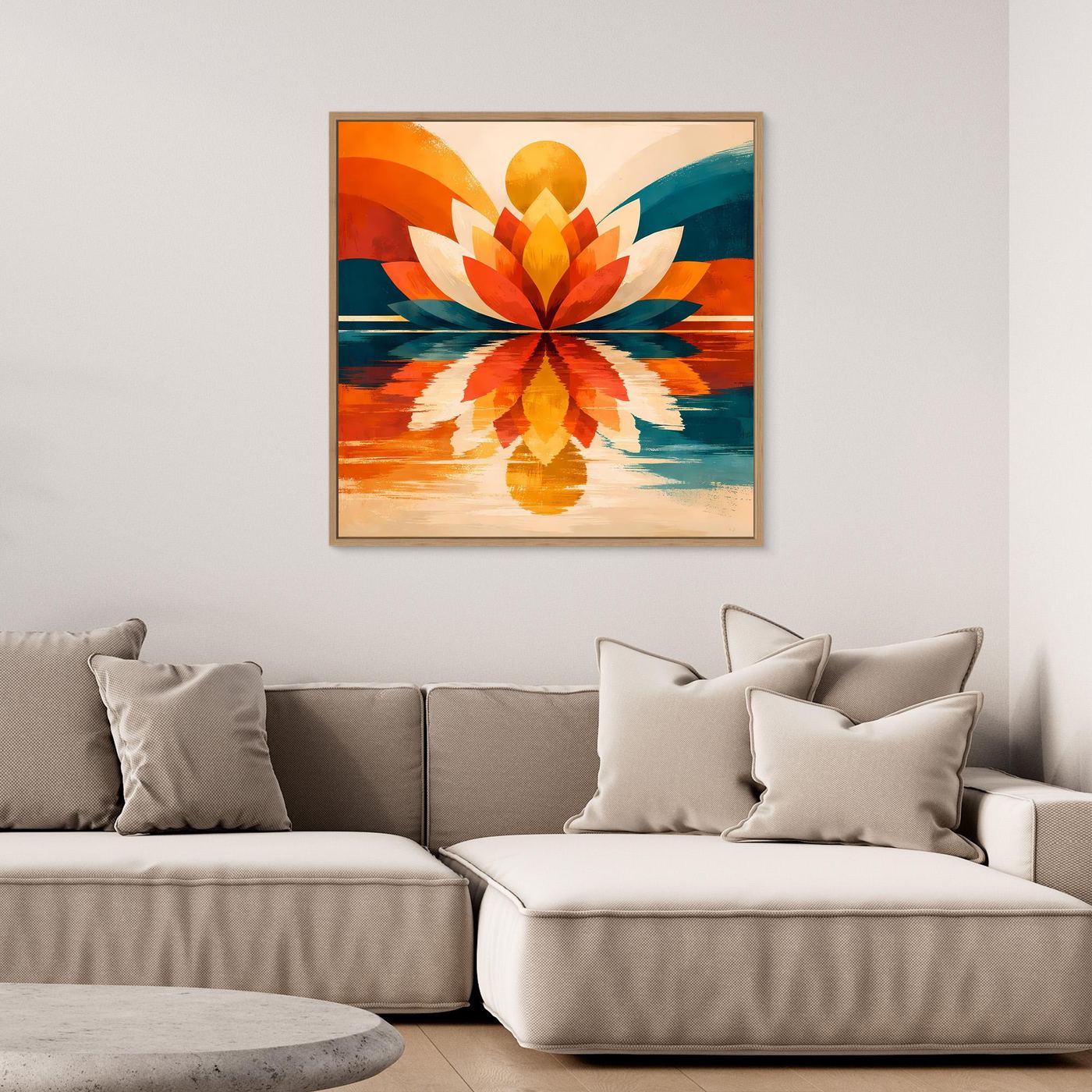 Gerahmtes Leinwandbild: Lotus-Motiv abstrakt und symmetrisch, warmes Orange mit Türkis-Blau