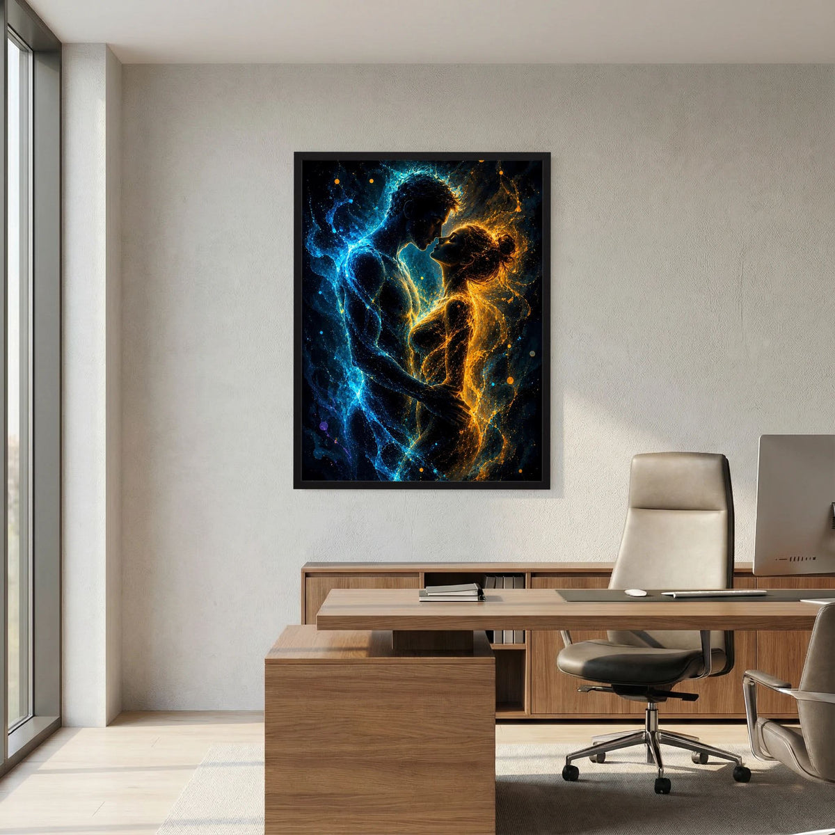 Poster im Hochformat mit abstraktem Paar in Blau und Gold, schwarzer Rahmen