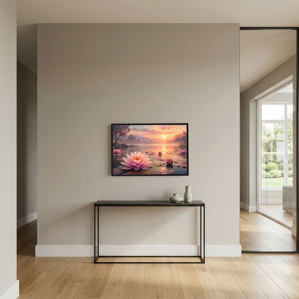 Wandposter im Querformat mit rosa Seerose am See bei Sonnenuntergang, schwarzer Rahmen