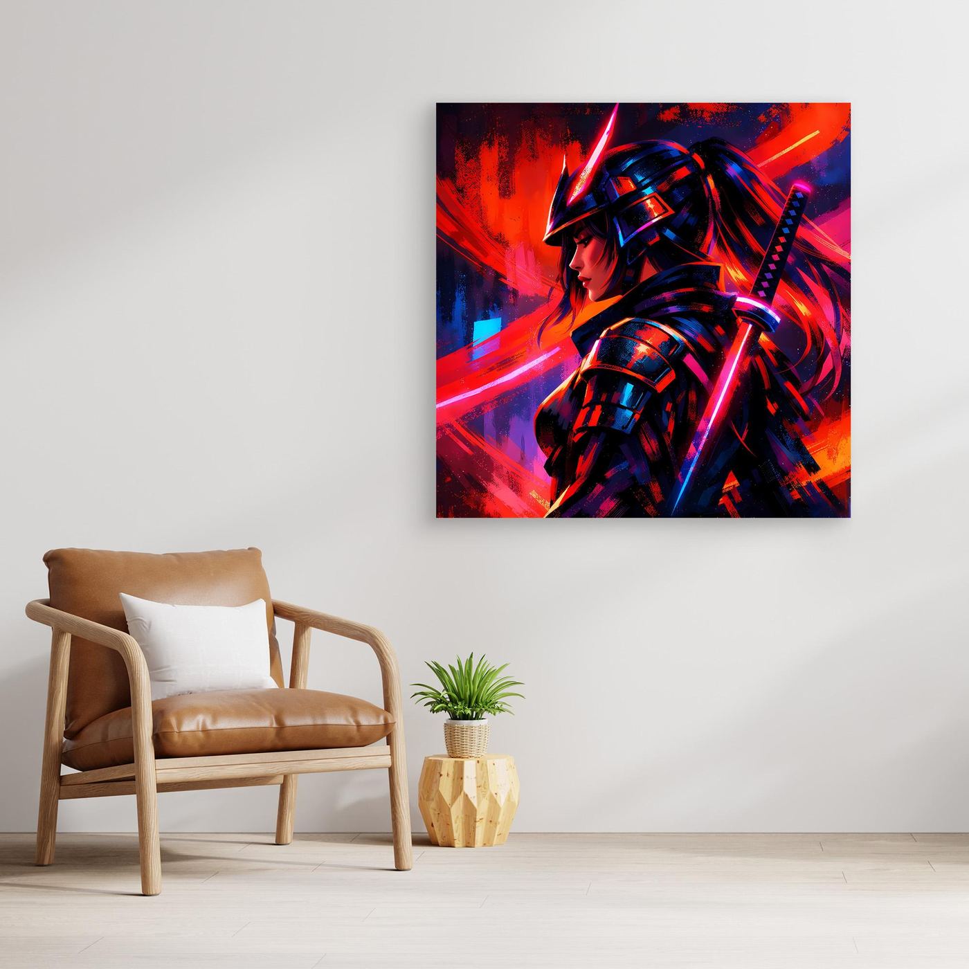 Gerahmtes Leinwandbild: Neon-Samurai-Kriegerin mit blau-roten Lichtstrahlen und Schwert.