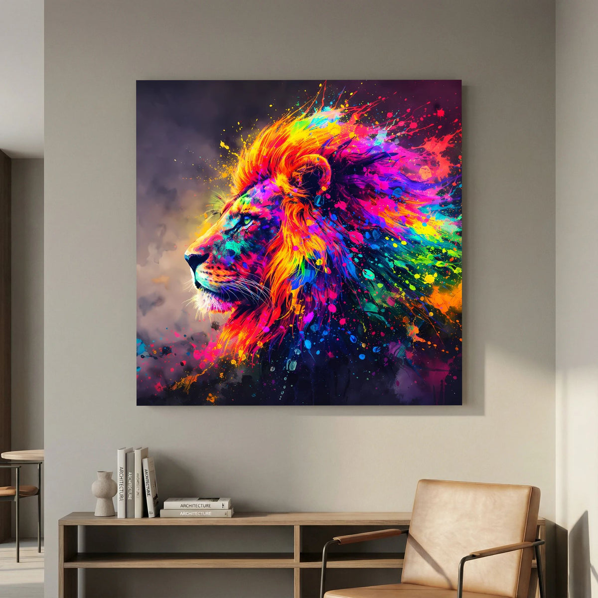 Quadratisches Leinwandbild auf Keilrahmen: Löwe mit leuchtenden Farbexplosionen, Pop-Art.