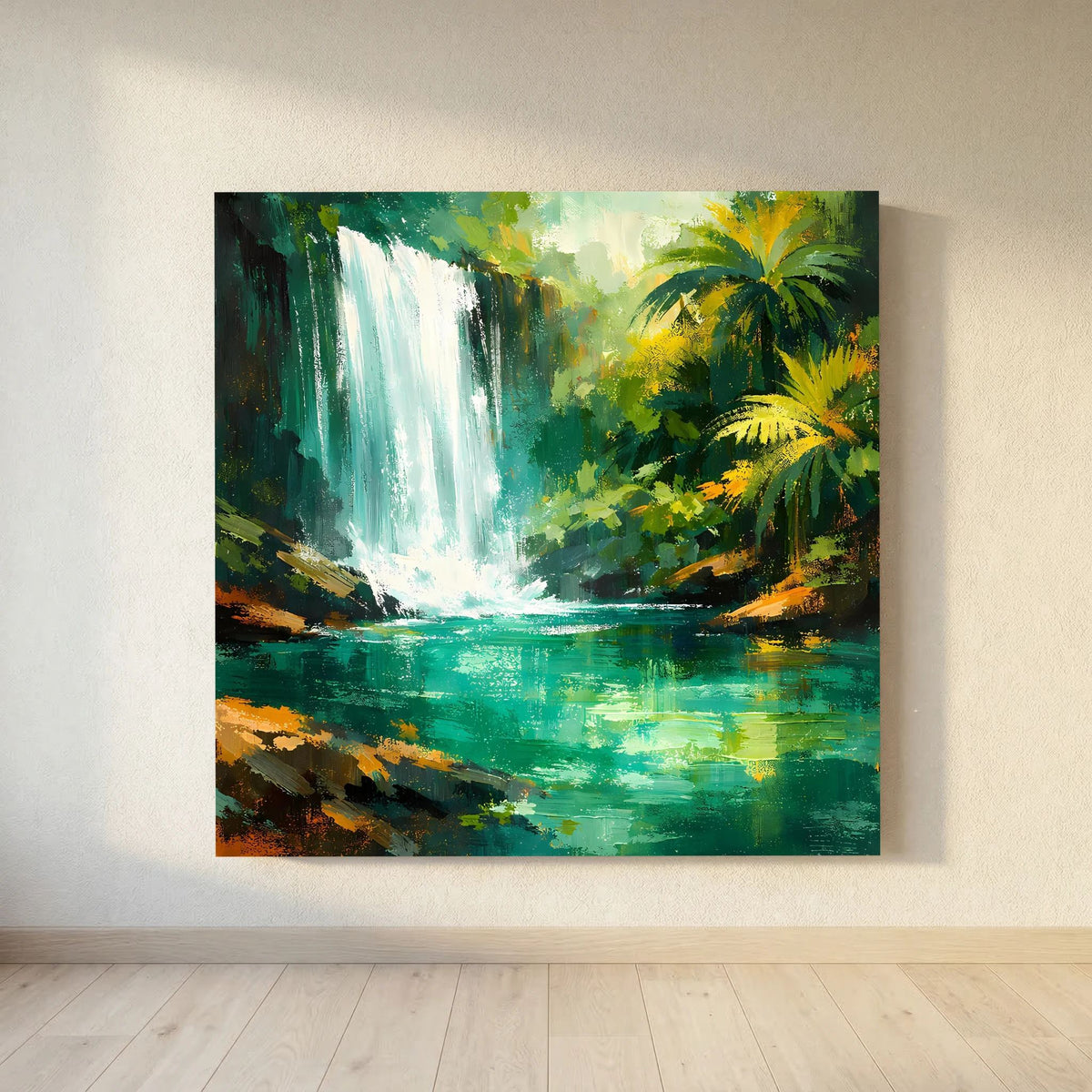 Leinwand-Wandbild: Wasserfall zwischen Dschungelgrün, gelbe Palmen und türkisfarbenes Wasser