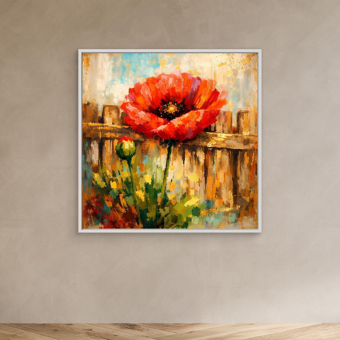 Kleines Leinwandbild mit abstrakter roter Mohnblume und grünem Stiel, weißer Rahmen