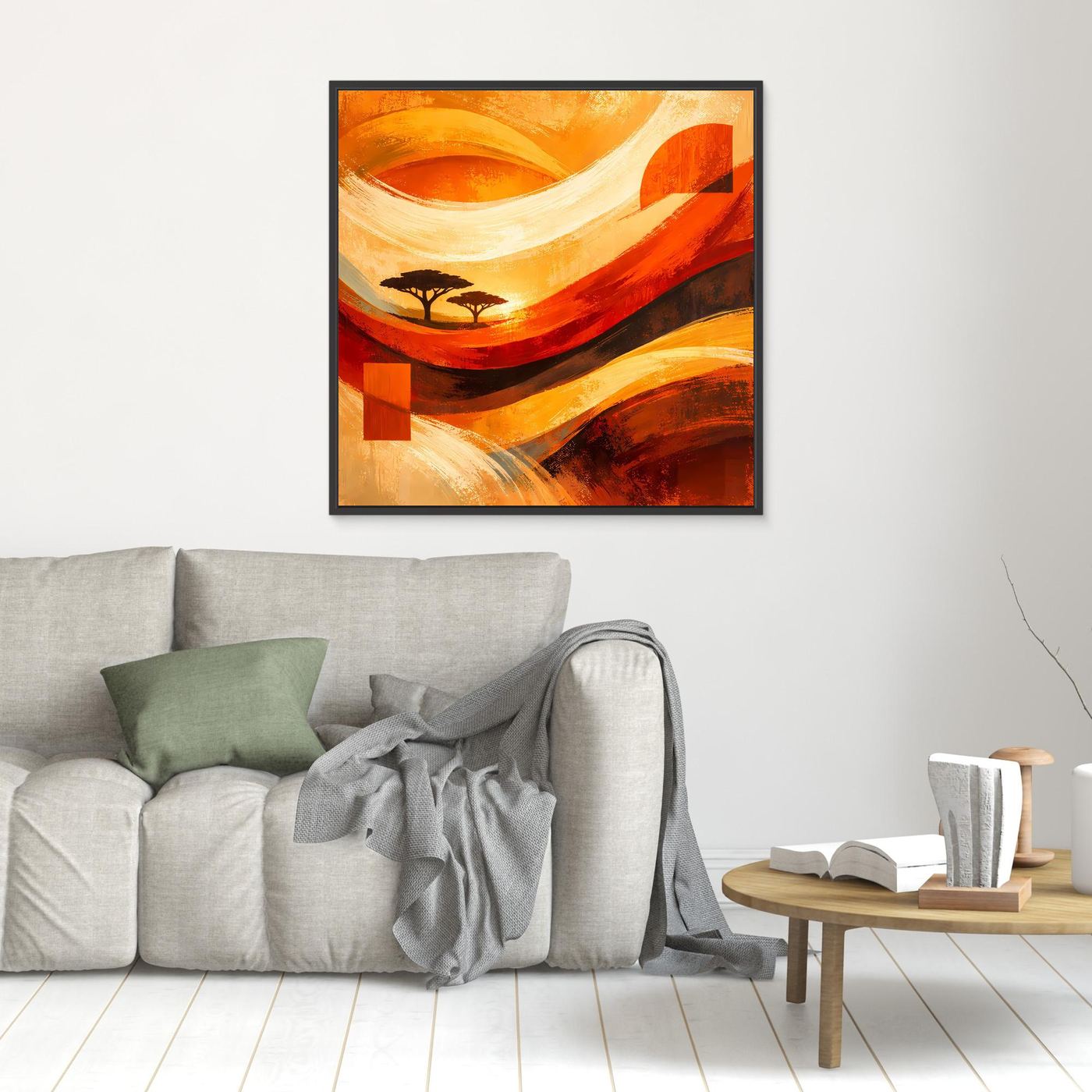 Gerahmtes Leinwandbild mit abstrakter Savanne, orange/rot, schwarze Baum-Silhouette und breite Pinselstriche